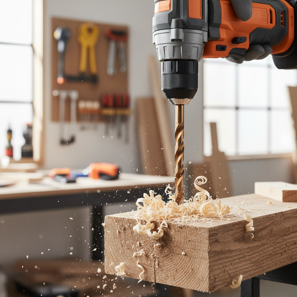 Auger bit drilling a deep hole in wood with a cordless drill