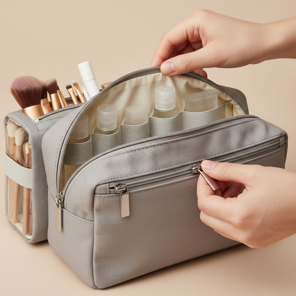 Travel makeup bag organizer checklist showing compartments, lining, and zipper quality