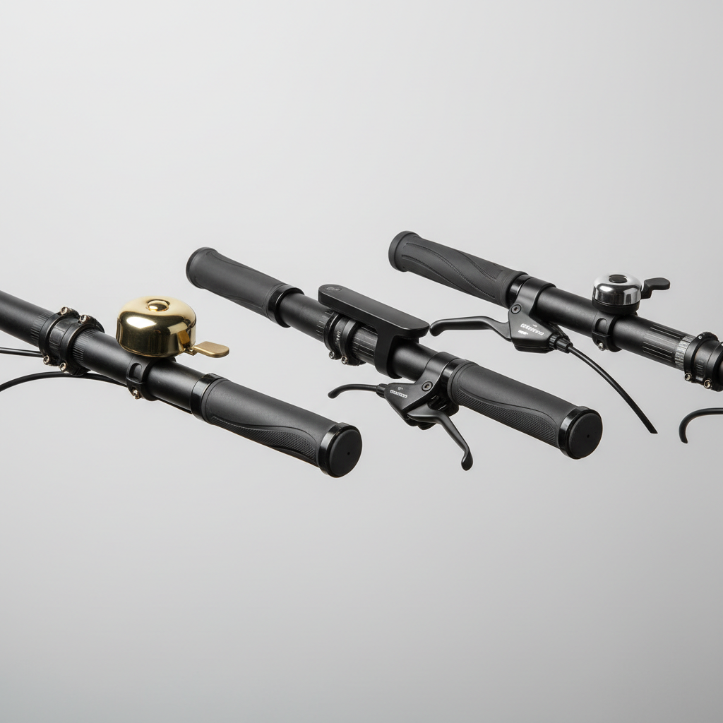 Different bike bell types on handlebars: dome bell, low-profile bell, and rotary bell
