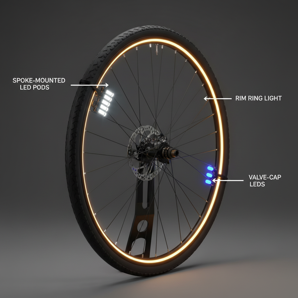 Comparison of different bike wheel light types on spokes and rim