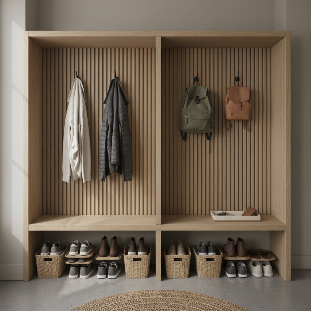 Mudroom zoning diagram style scene showing shoe, coat, and drop zones