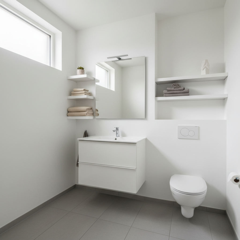 Small bathroom wall shelves adding storage above toilet and near vanity