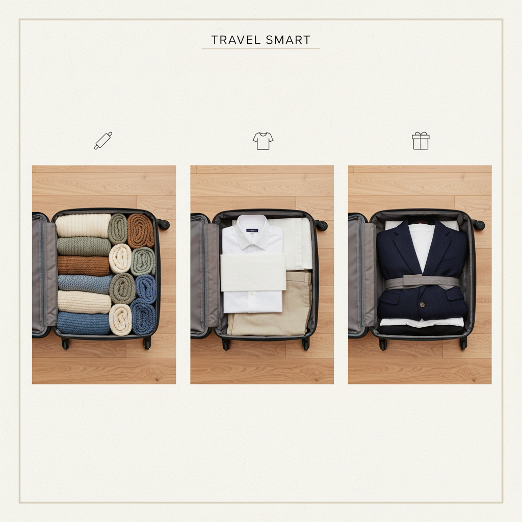 Packing method comparison showing rolling, folding, and bundle wrapping clothes in a suitcase