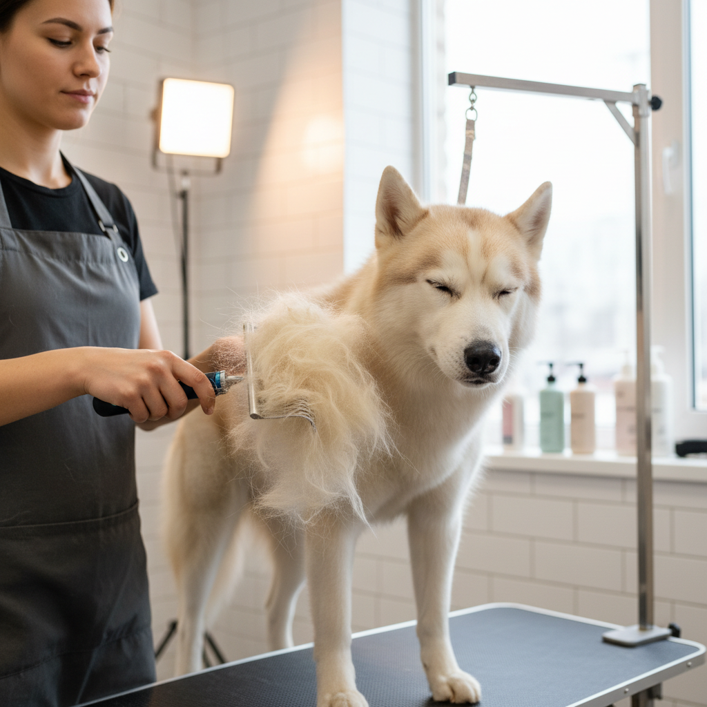Using an undercoat rake on a double-coated dog during shedding season
