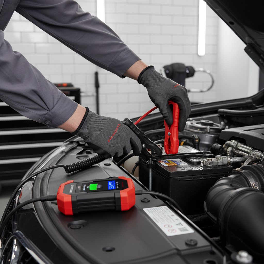 Mechanic connecting a battery maintainer to a car battery for storage