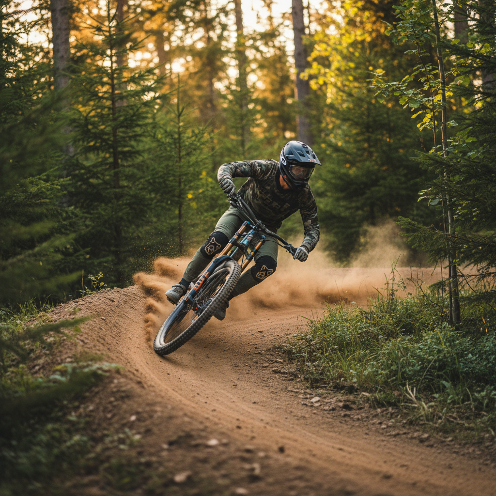 Mountain biker leaning a bike through a downhill corner with proper body-bike separation