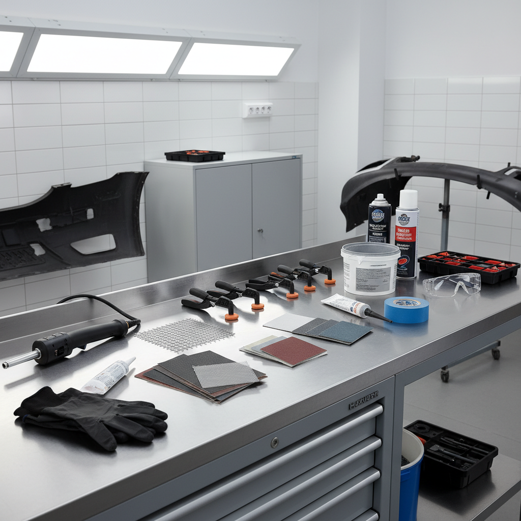 Tools and supplies for fixing a cracked car bumper laid out on a workbench
