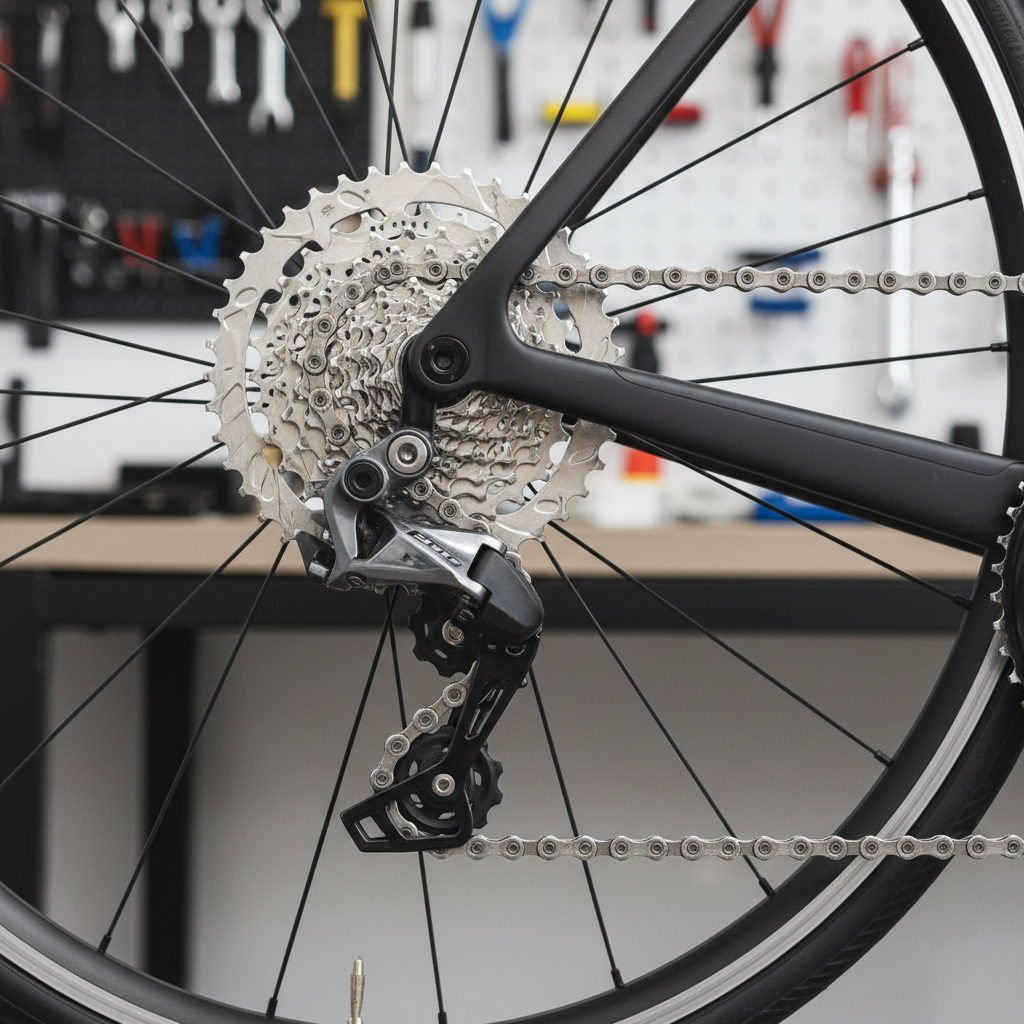 Close-up of road bike drivetrain and cassette showing entry-level 2x gearing