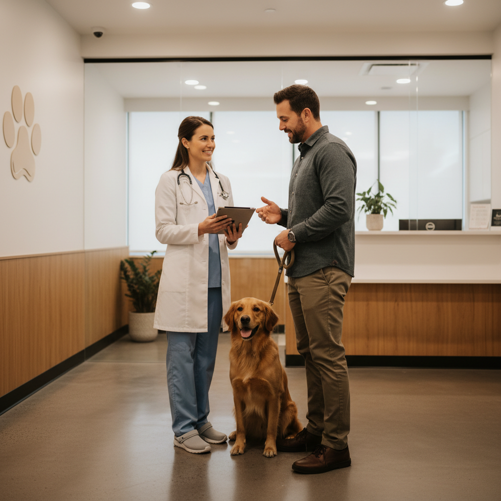 Veterinarian discussing storm anxiety plan with dog owner in clinic