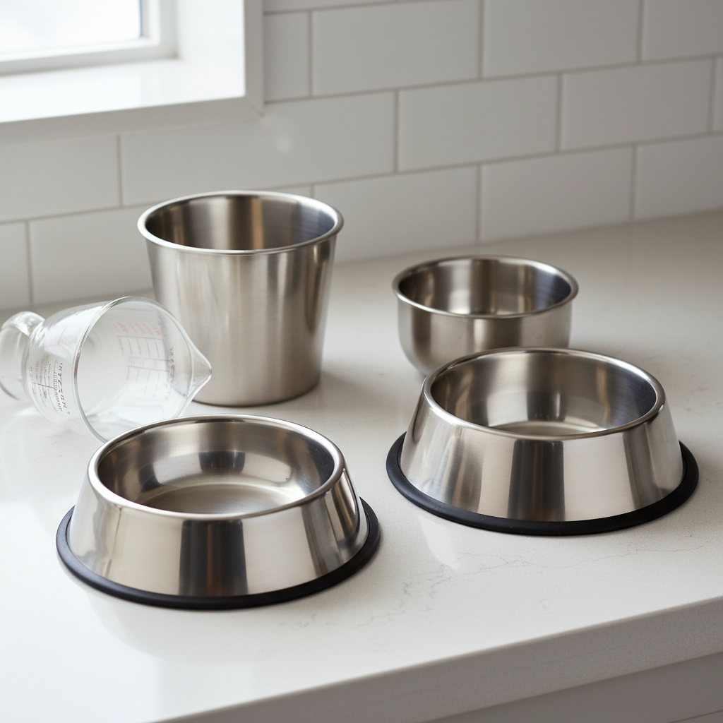 Comparing stainless dog bowl sizes and shapes on a countertop