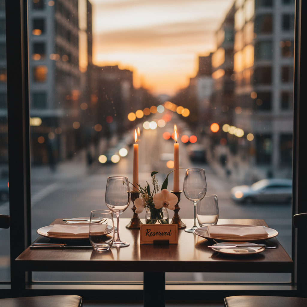 Romantic dinner reservation scene with city lights