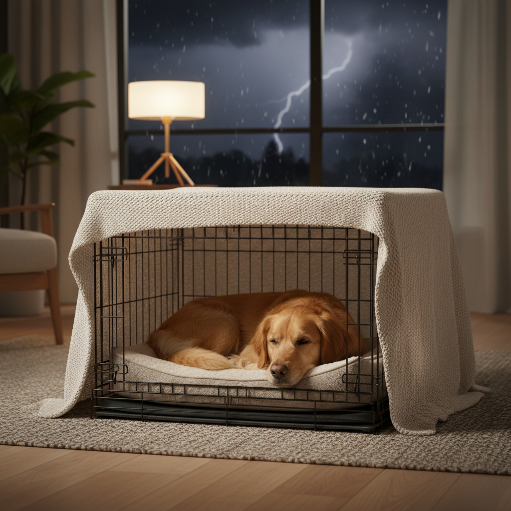 Dog resting calmly in a safe space during a thunderstorm