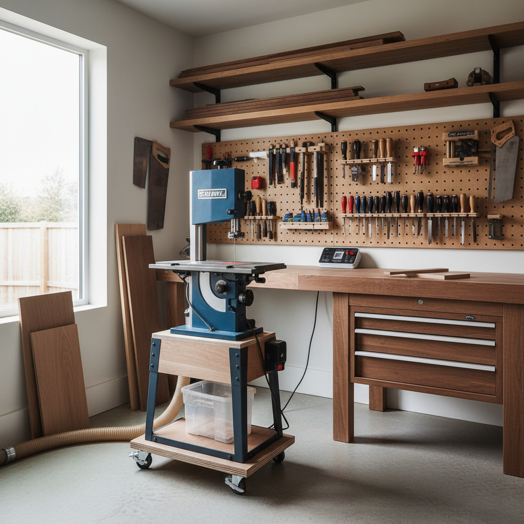 Compact home workshop with a band saw set up for woodworking