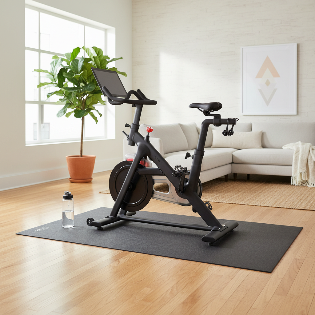 Indoor cycling bike on a floor mat protecting hardwood floor from sweat