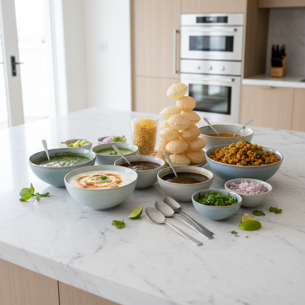 Dahi puri DIY chaat bar setup with bowls of yogurt, chutneys, filling, and toppings