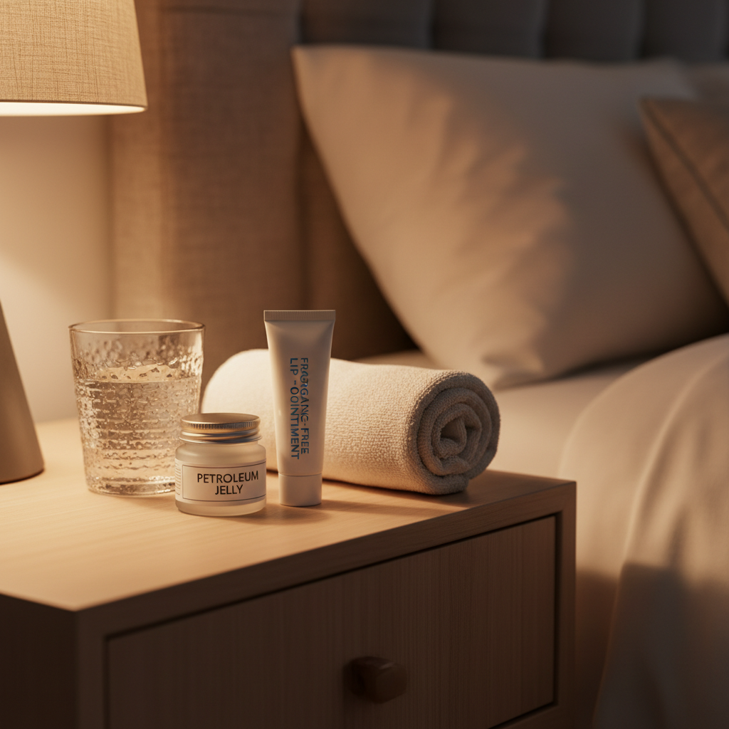 Nighttime lip care routine with ointment and water glass on bedside table