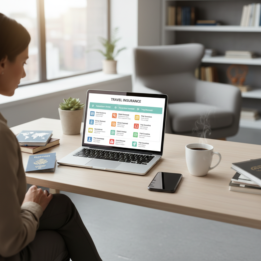 Traveler comparing travel insurance plans on a laptop with passport and phone