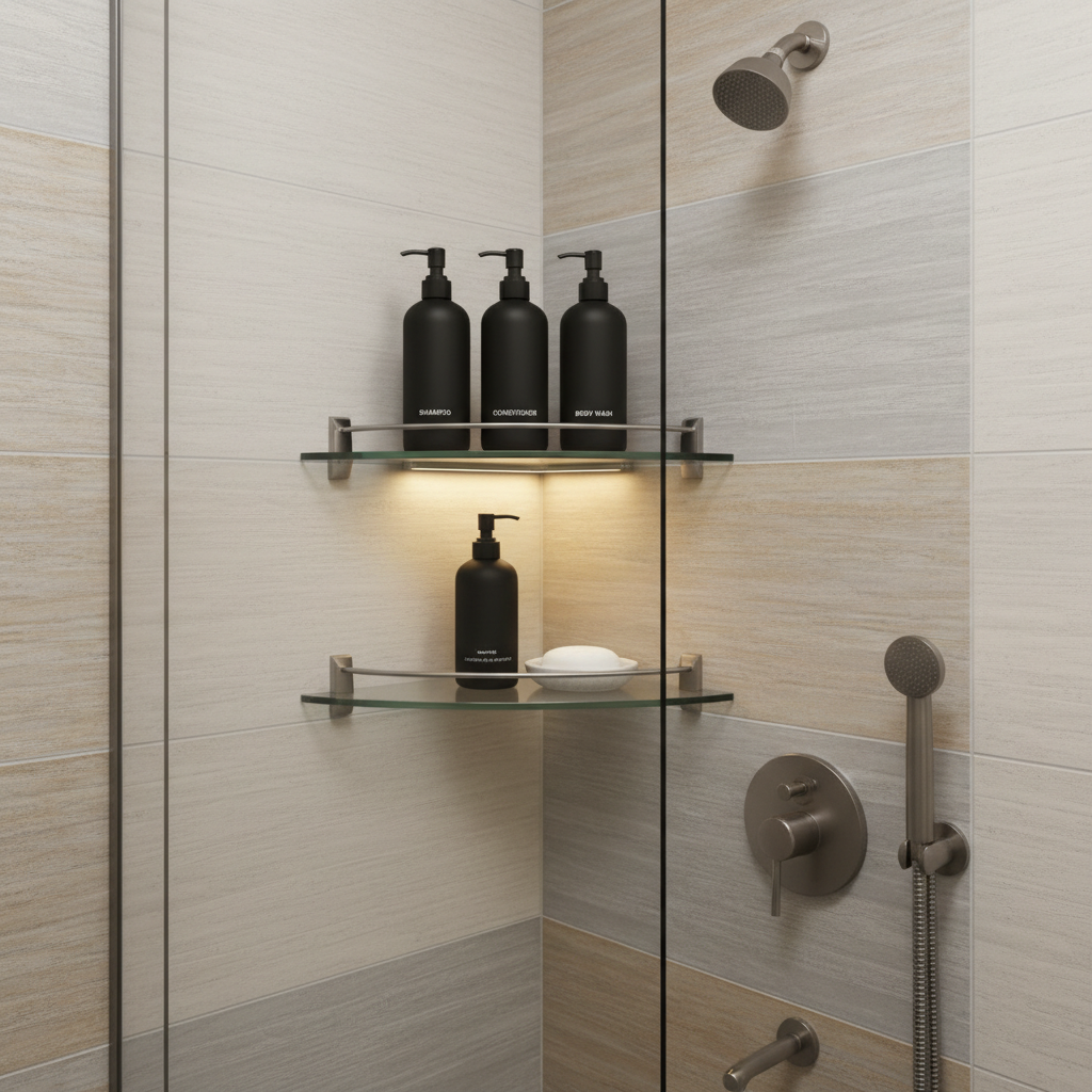 Corner wall shelves in a small bathroom near shower for toiletries