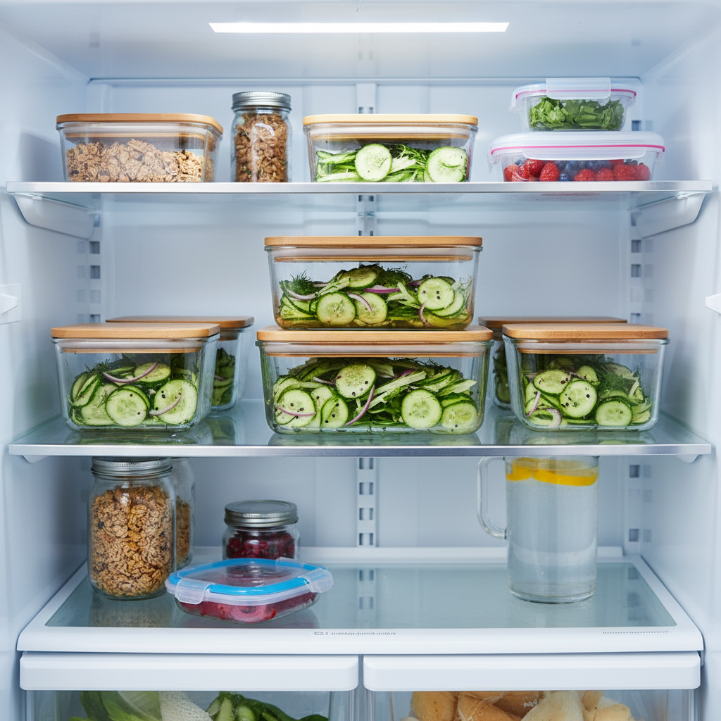 Meal prep containers with cucumber salad vinegar dressing stored in refrigerator