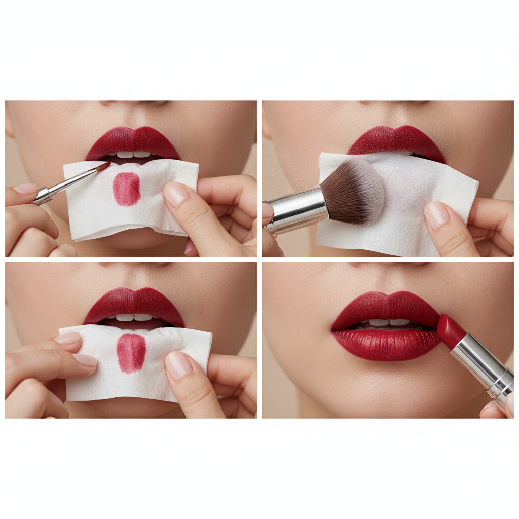 Lipstick layering steps with blotting and translucent powder for long wear
