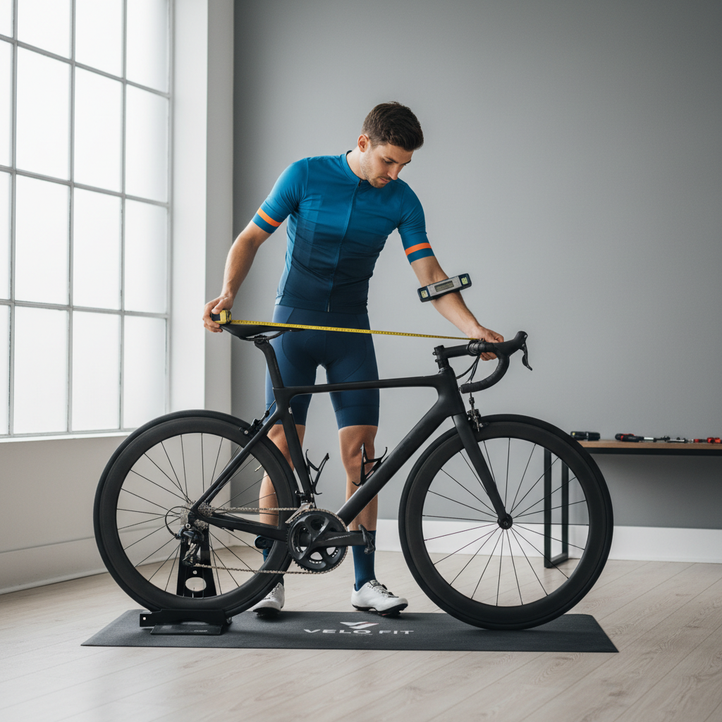 Cyclist checking elbow angle and handlebar reach to prevent elbow pain