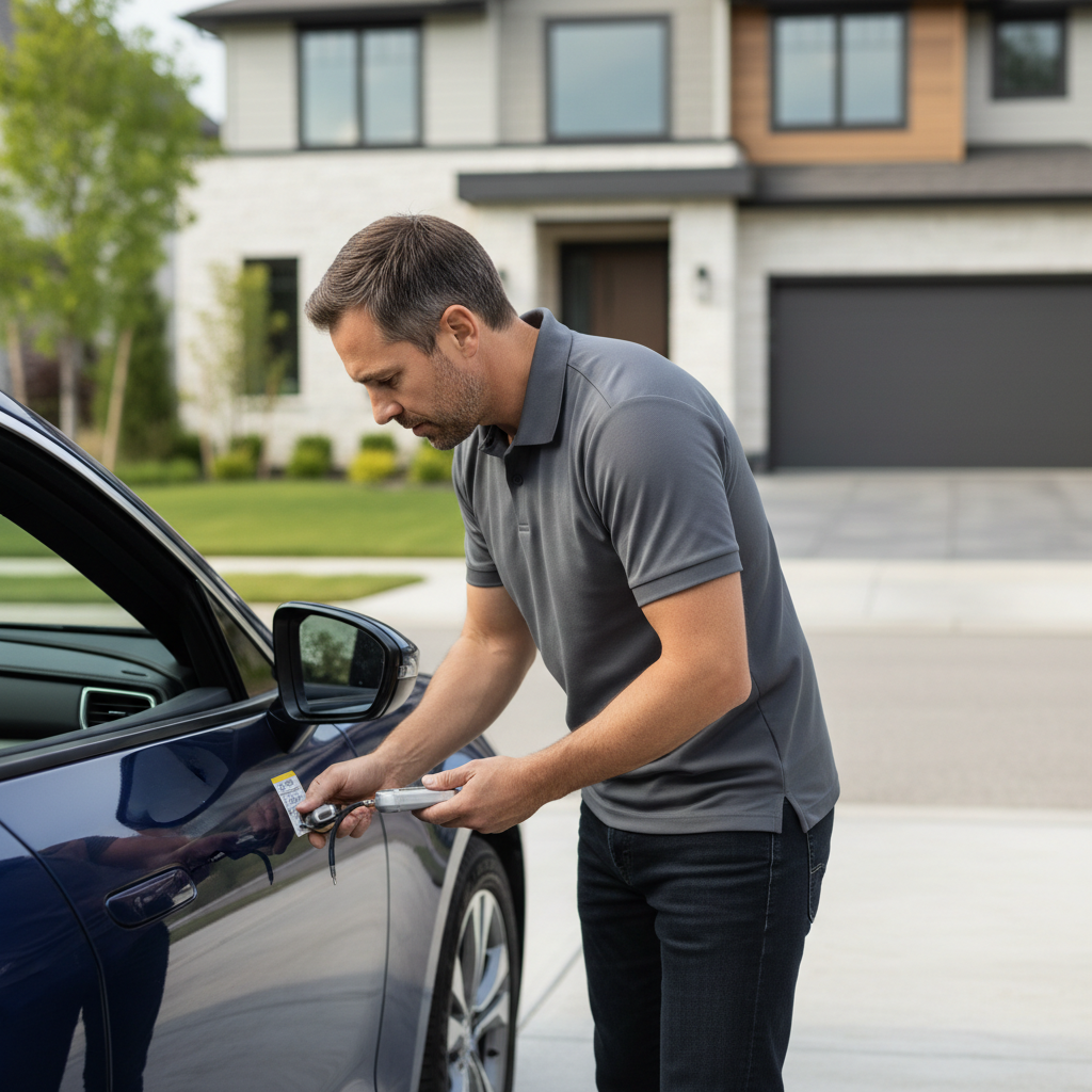 Driver checking tire pressure label on car door jamb before using an air compressor