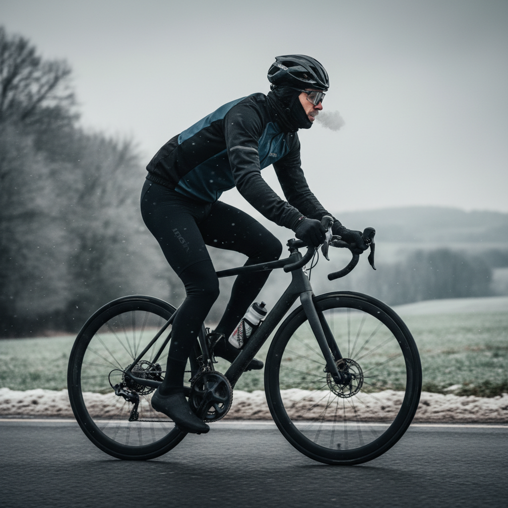 Cyclist wearing winter leg warmers on a cold road ride