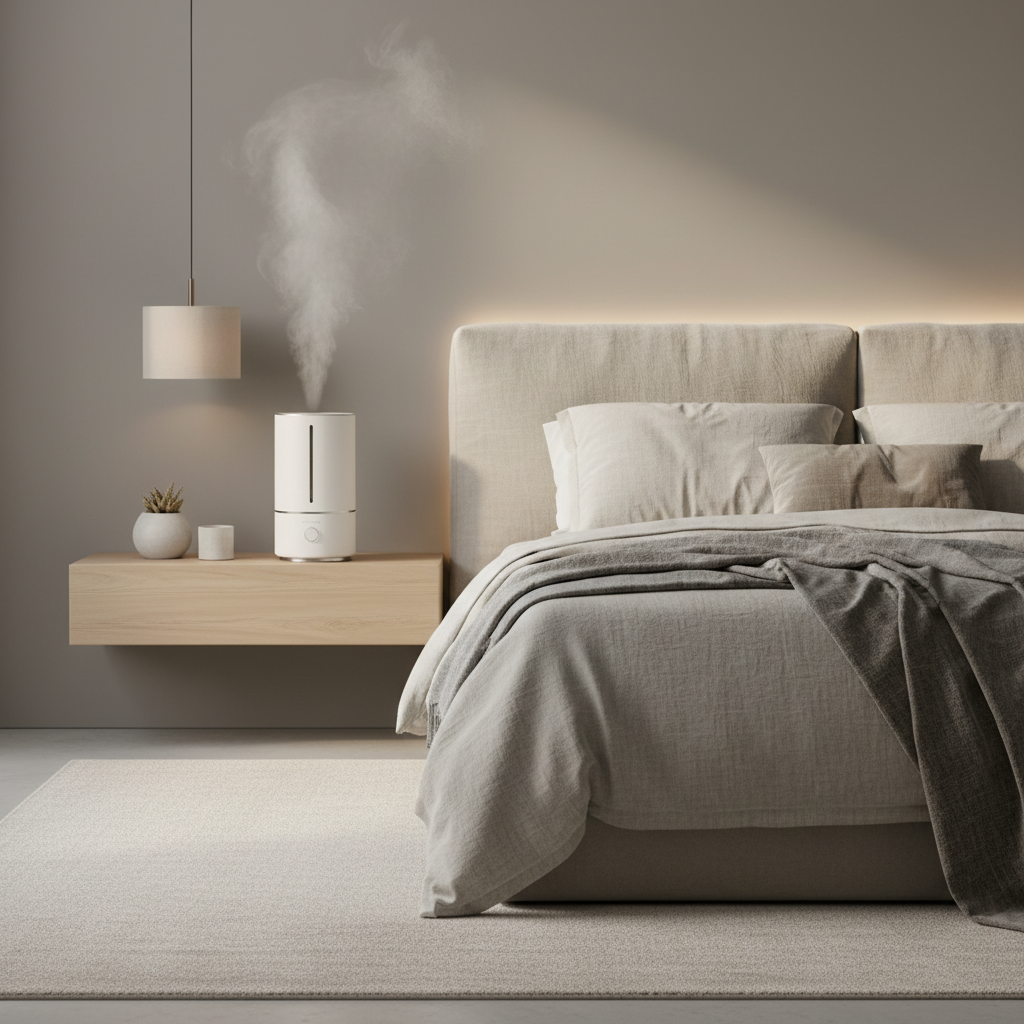 Humidifier on nightstand supporting overnight lip hydration