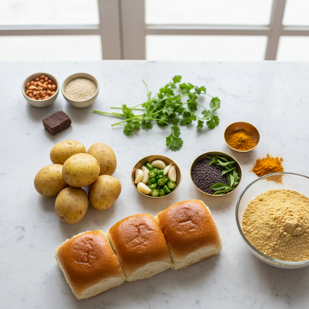 Mumbai-style vada pav ingredients laid out for easy home cooking
