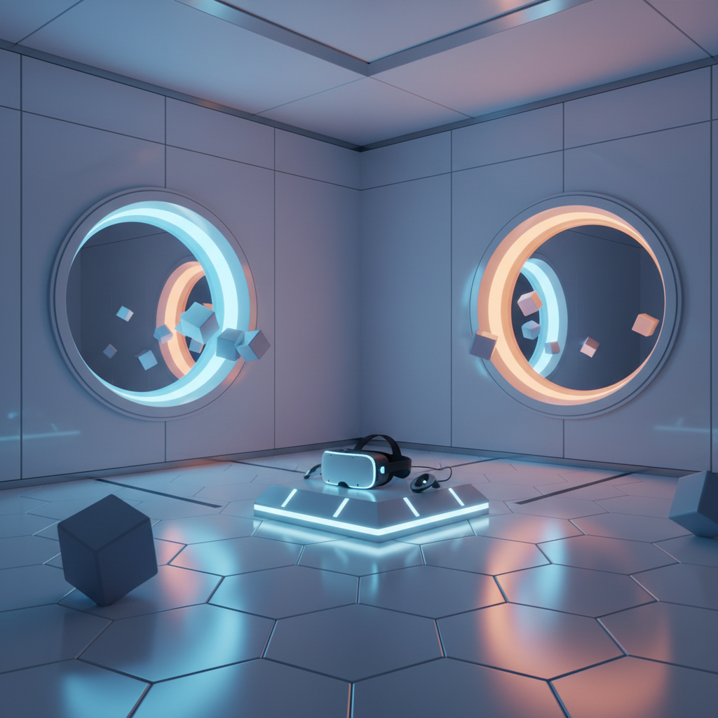 Portal-style VR puzzle game concept with glowing gateways in a sci‑fi room