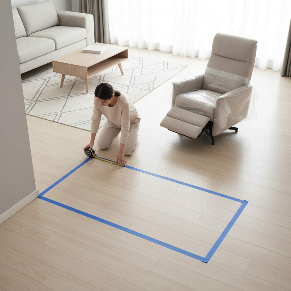 Measuring recliner space with tape and painter’s tape outline on floor