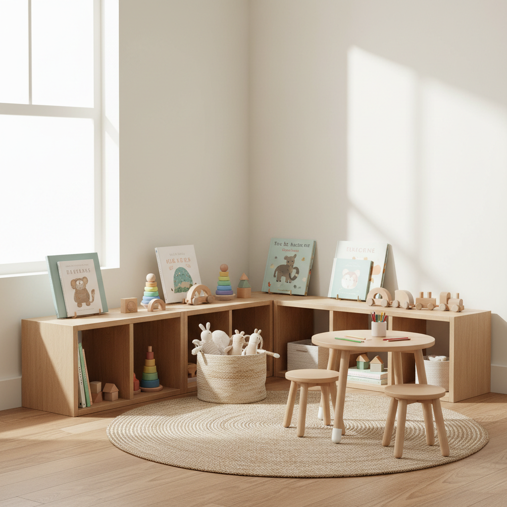 Living room play area organized without bins using shelves and toy zones