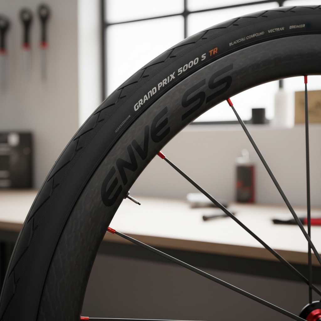 Road bike tire tread and casing close-up on modern rim