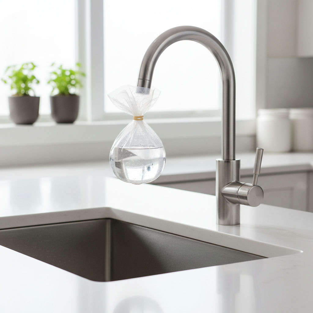 Vinegar soak method using a bag tied around a kitchen faucet spout