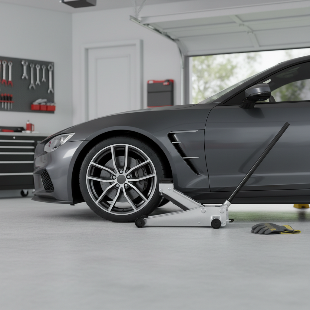 Low profile floor jack sliding under a low clearance sports car