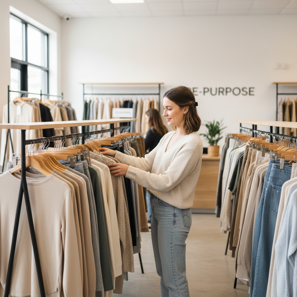 Beginner thrifting in a well-lit store scanning clothing racks