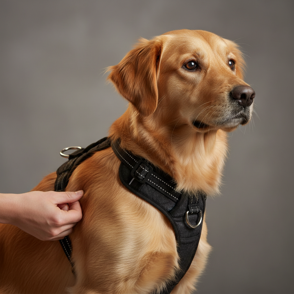 Close-up of properly fitted dog harness straps on shoulders and chest