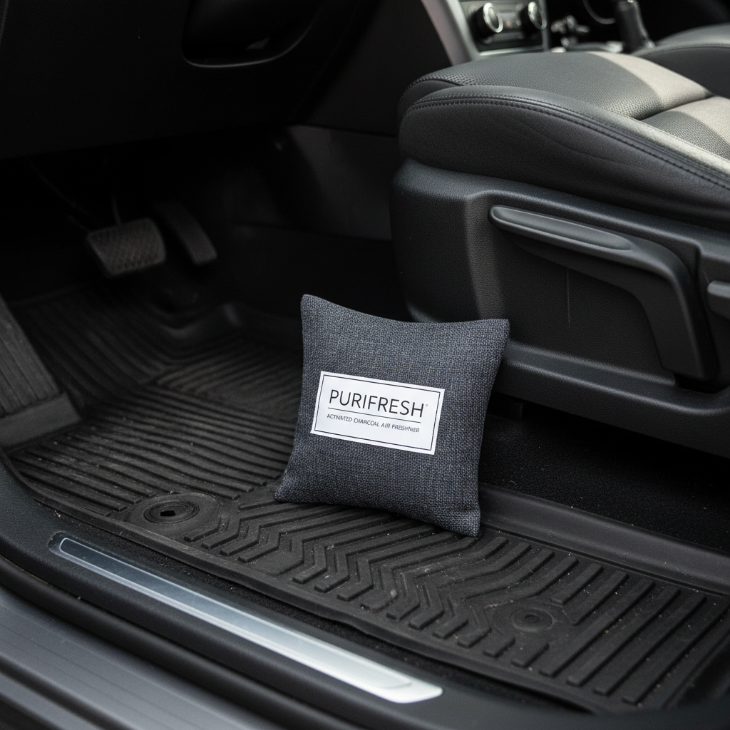 Activated charcoal odor absorber pouch under a car seat