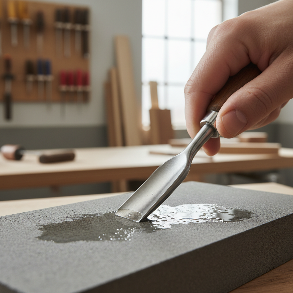 Close-up of carving gouge bevel being honed on a sharpening stone