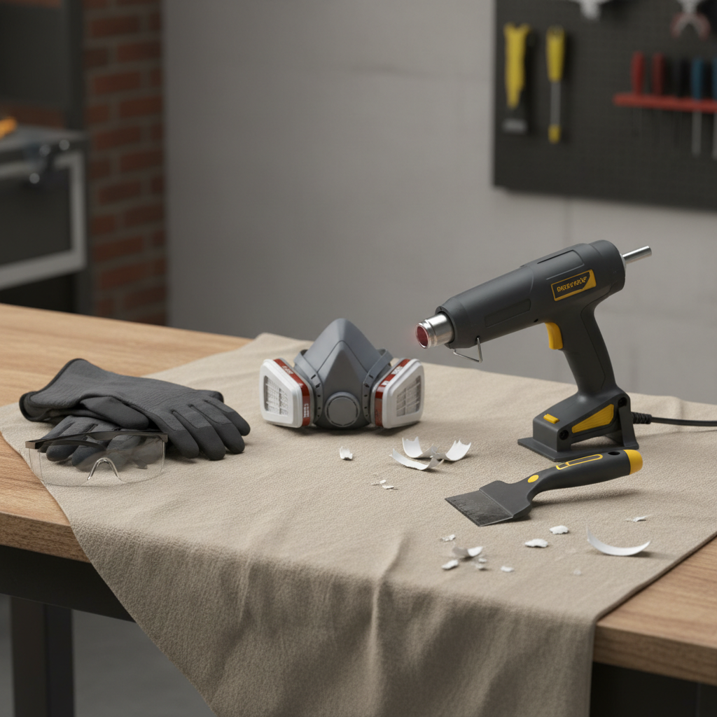 Safe paint stripping setup with heat gun, scraper, gloves, and respirator