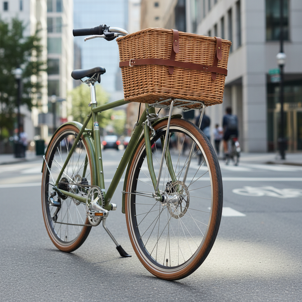 Front bike basket mounted securely on a commuter bicycle in an urban setting
