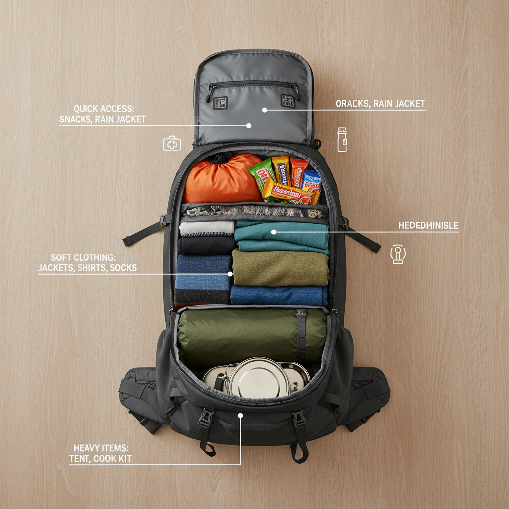 Backpack packing layout showing heavy items close to spine and essentials on top for cycling
