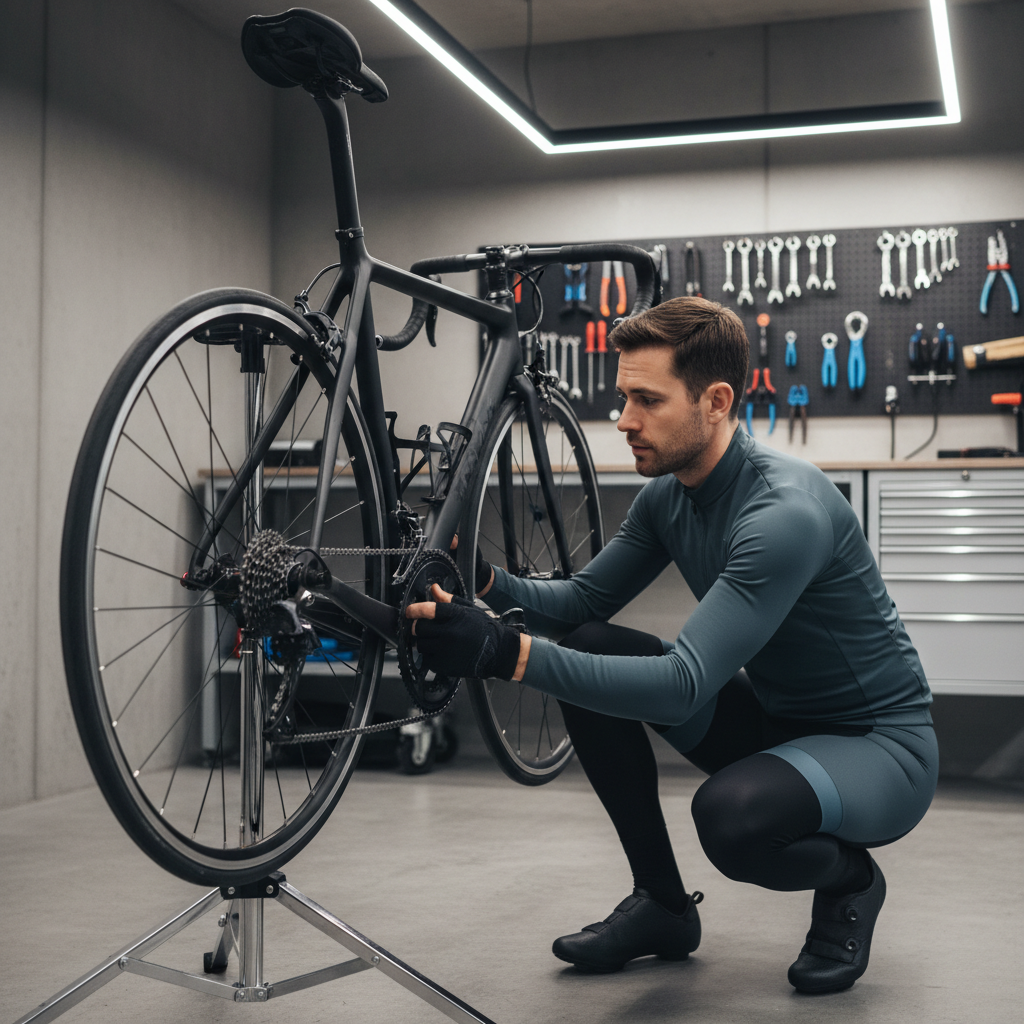 Cyclist checking bike drivetrain wear and derailleur hanger alignment before adjusting shift cables