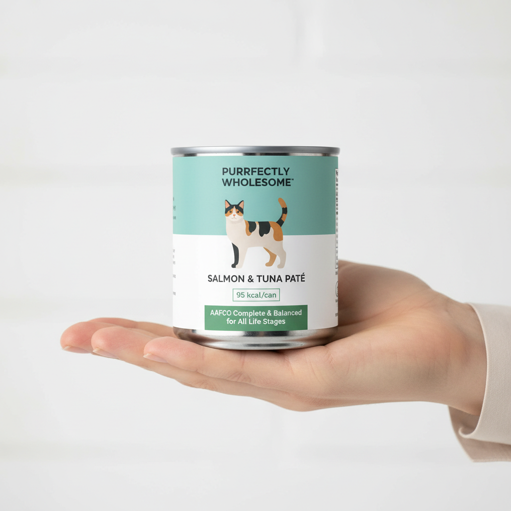 Wet cat food label close-up showing calories and AAFCO statement