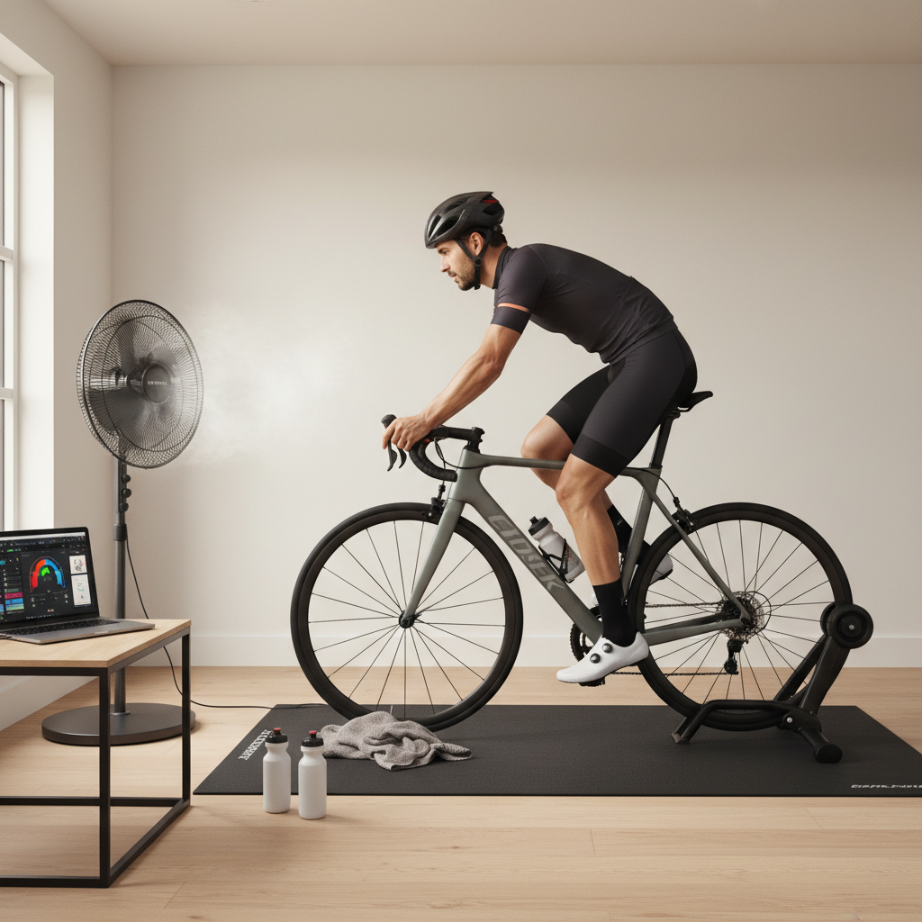 Cyclist doing an indoor workout with fan, mat, and laptop setup