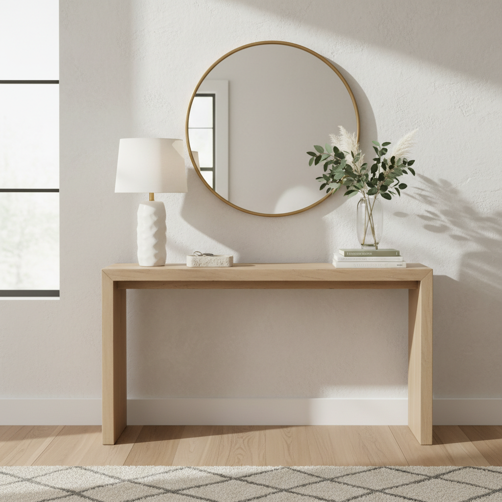 Styled entryway console table with mirror, lamp, and catchall tray