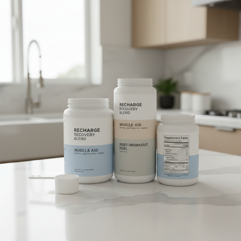 Recovery drink powder nutrition label comparison on a kitchen counter