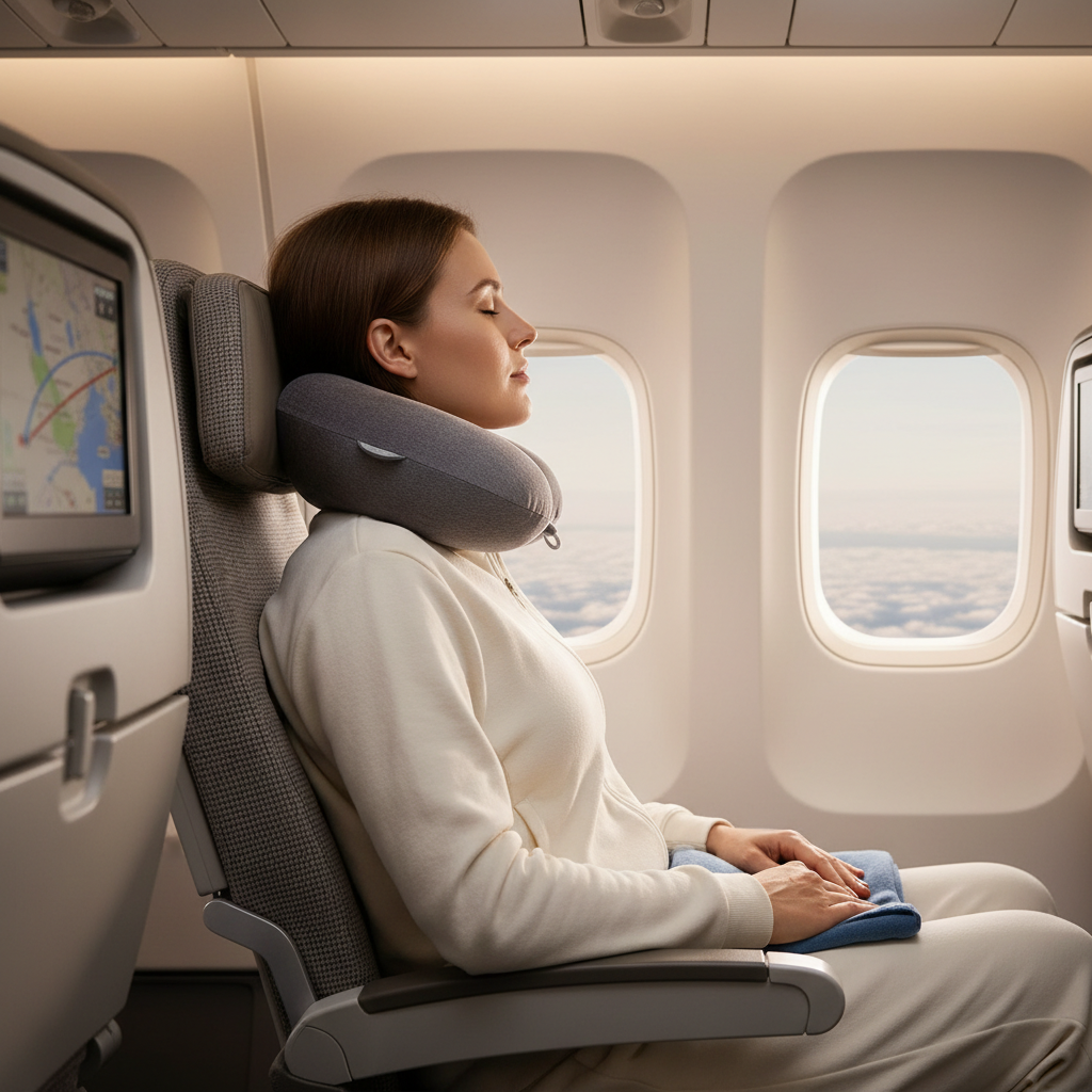 Traveler using a neck pillow on a long-haul flight in an economy seat