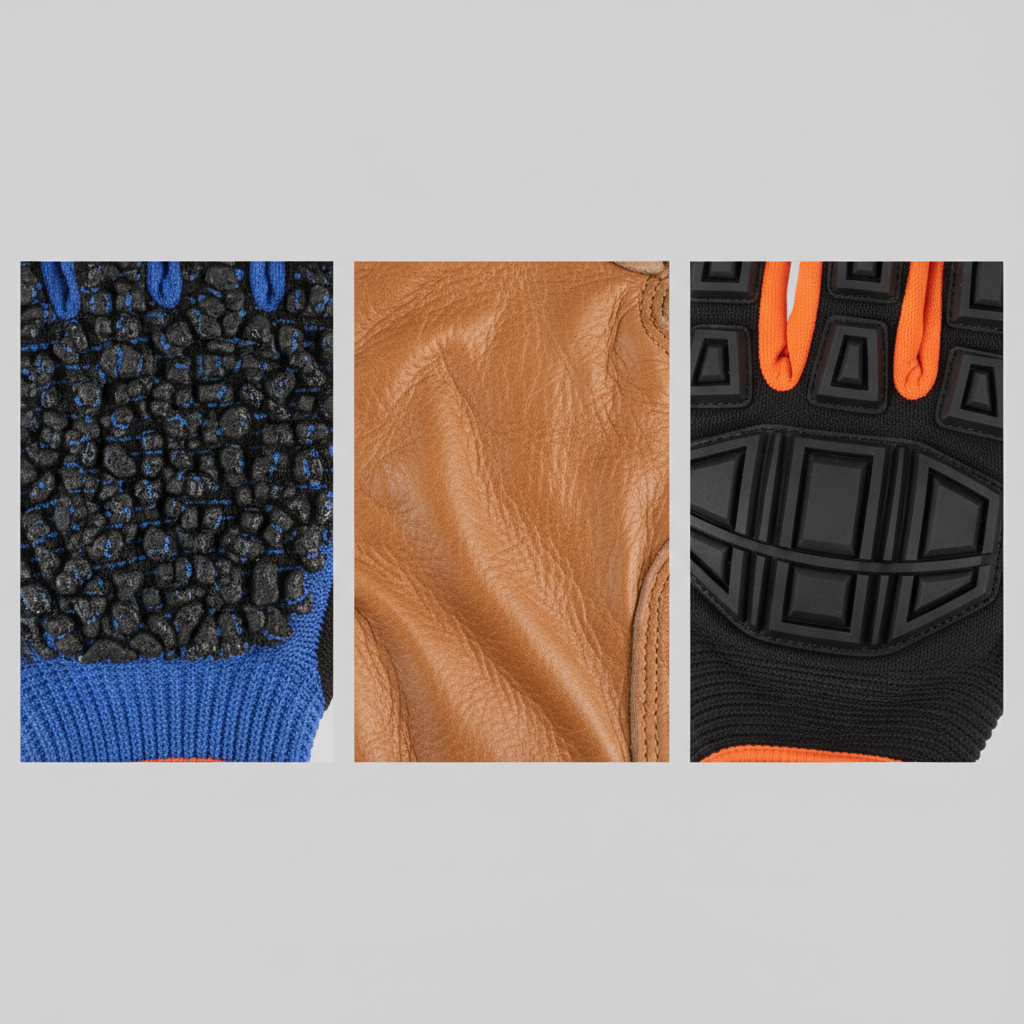 Close-up of glove materials showing nitrile coating, leather palm, and impact TPR