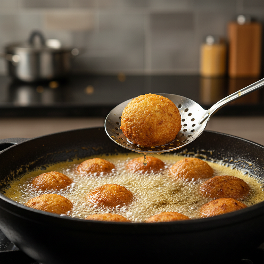 Crispy vada frying in a pot with besan batter coating